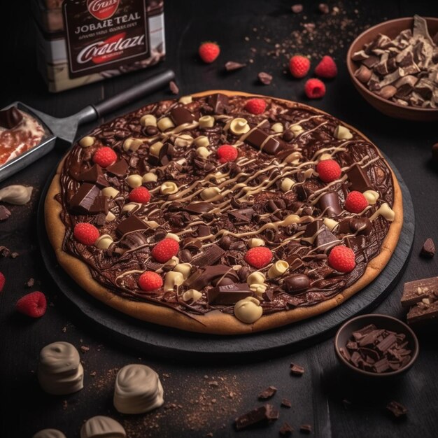 Una pizza con chocolate y frambuesas