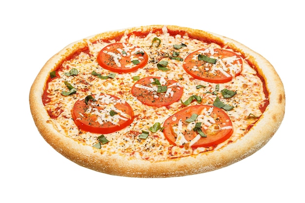 pizza clásica italiana, comida casera, sobre un fondo blanco aislado, vista superior y lateral