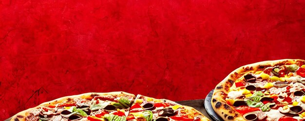 Foto pizza cocina italiana tradicional comida rápida gourmet pizza casera fresca y deliciosa bocadillo europeo folleto y cartel de concepto para pizzerías o restaurantes