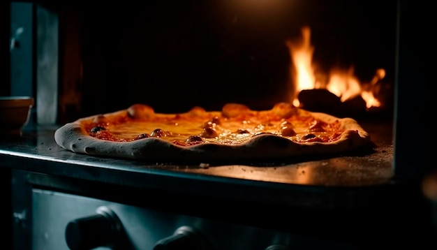 Foto una pizza se está cocinando en un horno de leña con un fuego de fondo.