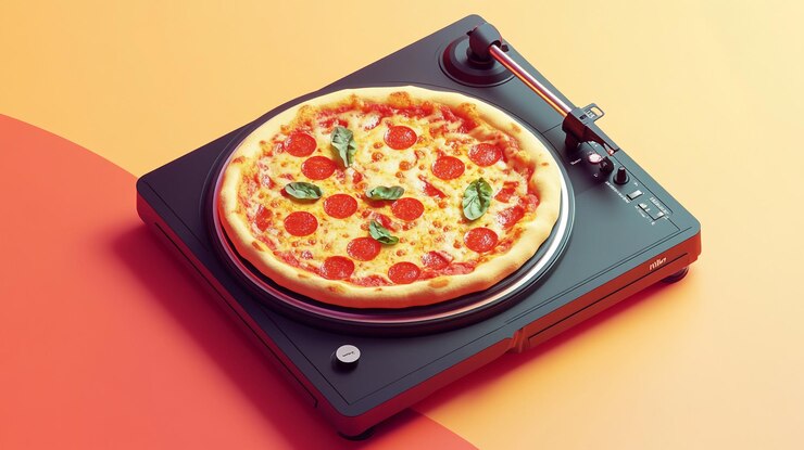 Una pizza colocada en una mesa giratoria contra un fondo colorido durante una exhibición de alimentos creativos