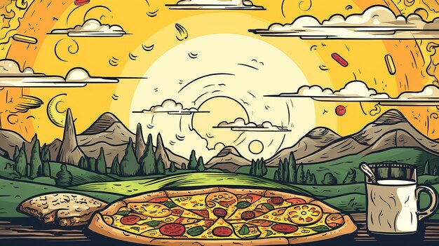 Pizza colorida com ilustração de contorno gráfico de paisagem ensolarada desenhada à mão gerada por IA