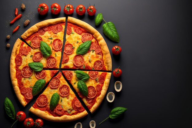 Pizza com calabresa e deliciosos ingredientes tomate e manjericão em um fundo de concreto preto Uma pizza de calabresa aquecida vista de cima com espaço para texto