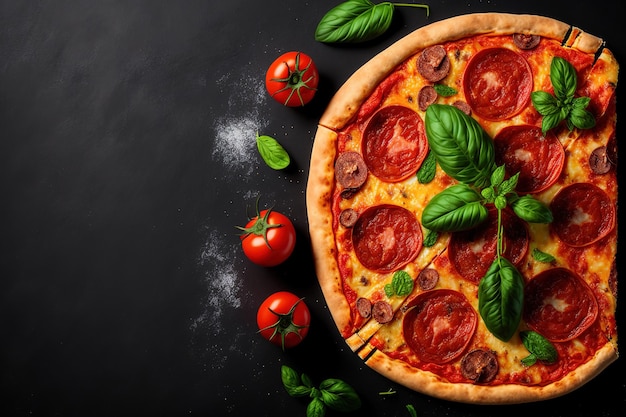 Pizza com calabresa e deliciosos ingredientes tomates e manjericão em um fundo de concreto preto Uma pizza de calabresa aquecida vista de cima com espaço para cópia de texto Lay flat Banner