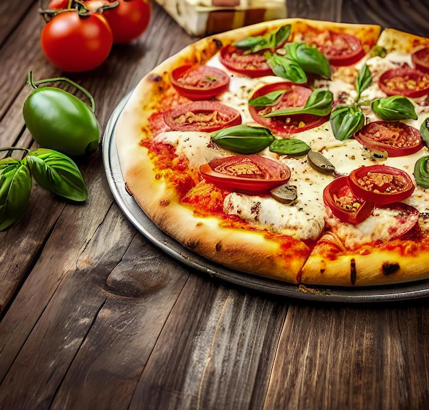 Pizza com carne de frango queijo mussarela tomate azeitona pizza italiana em fundo de madeira