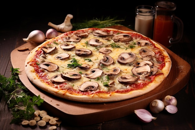 Pizza com carne e cogumelos.