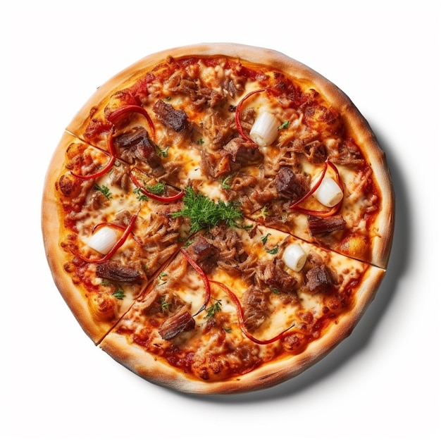 Pizza com carne e vegetais num prato branco numa mesa generativa ai