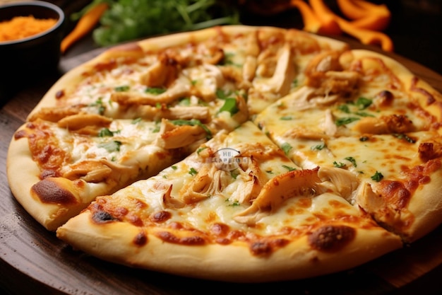 Pizza com frango e vegetais em mesa de madeira