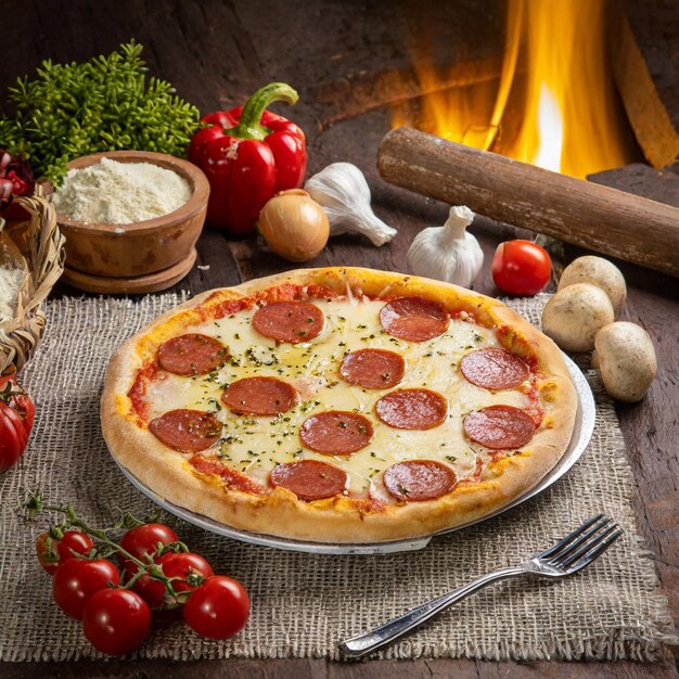 Foto pizza com pepperoni pizza de calabresa