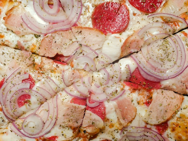 Pizza com queijo derretido, cebola e calabresa. junk food, sobre comer e conceito de comer rápido. comida italiana famosa