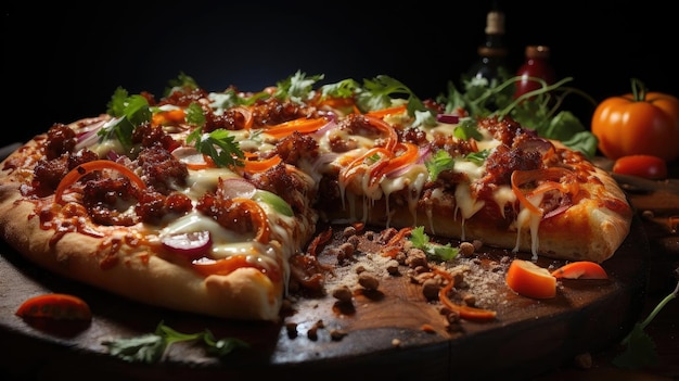 pizza com queijo derretido coberto com carne e legumes em cima da mesa com fundo desfocado