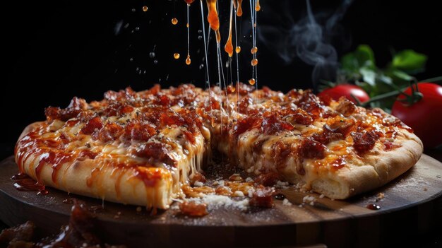 Foto pizza com queijo derretido coberto com carne e legumes em cima da mesa com fundo desfocado