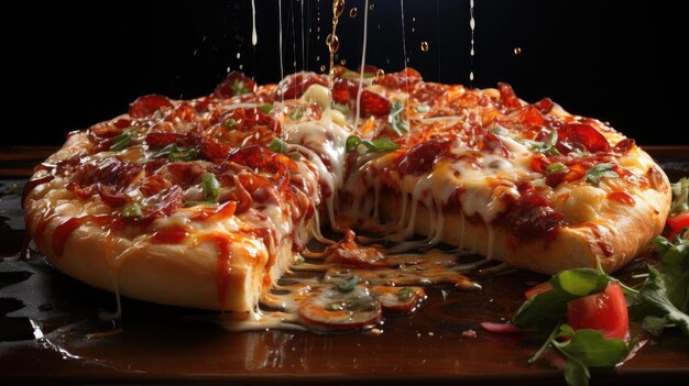 pizza com queijo derretido coberto com carne e legumes em cima da mesa com fundo desfocado