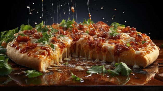 pizza com queijo derretido coberto de carne e vegetais na mesa com um fundo desfocado
