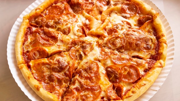 Pizza com queijo e tomate em uma mesa de madeira
