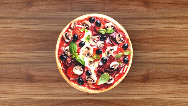 Pizza com renderização 3d de fundo de publicidade de salame e azeitonas