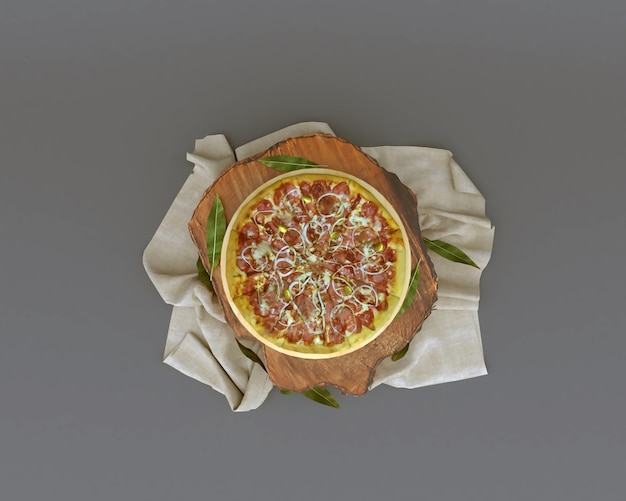 Foto pizza com renderização 3d em um tronco de mesa