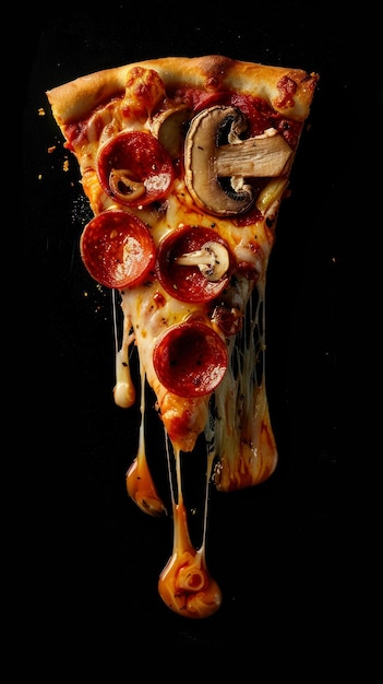 Pizza com salame e cogumelos em um fundo preto Vista superior