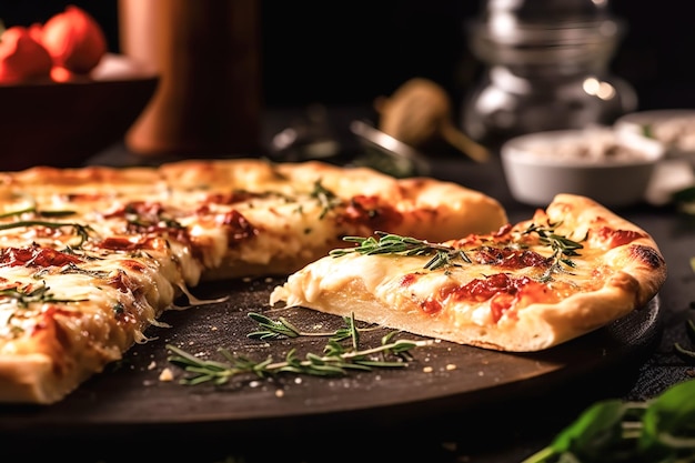 Pizza com salame e queijo mussarela na placa de madeira