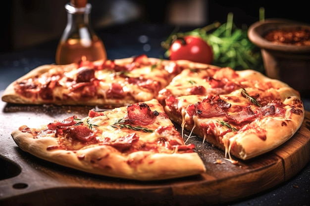 Pizza com salame e queijo mussarela na placa de madeira