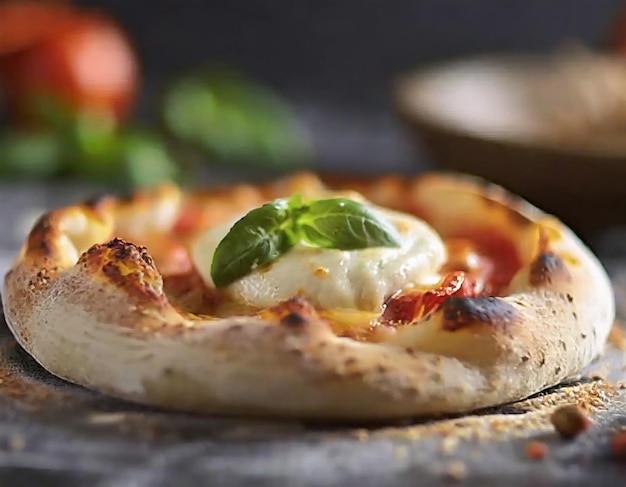 Foto pizza com tomate mozzarella e manjericão em fundo escuro