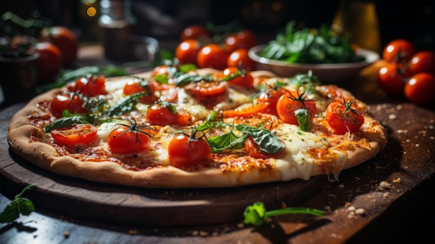 Pizza com tomates de cereja, folhas de manjericão e queijo derretido.