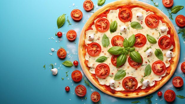 Pizza com tomates mozzarella e manjericão em fundo azul