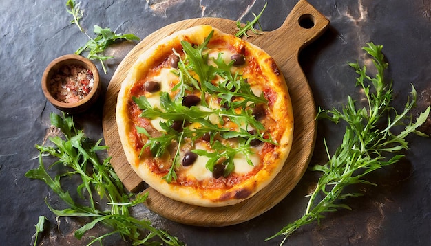 Pizza com tomates mozzarella e rúcula em tábua de madeira