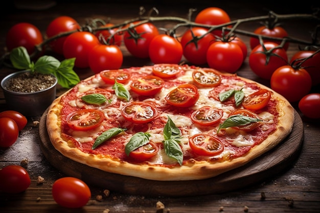 Pizza com tomates numa mesa de madeira.