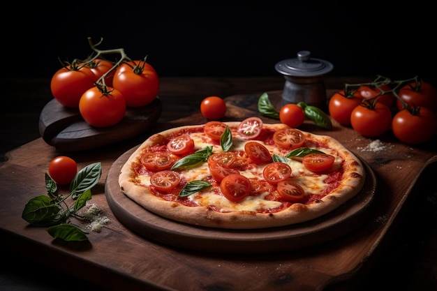 Pizza com tomates numa mesa de madeira.