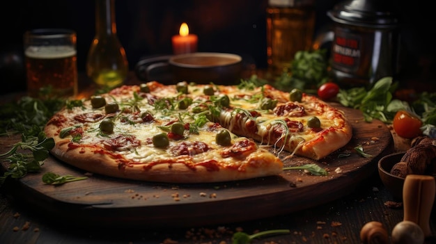 Pizza completa com legumes e carne na mesa de madeira com desfoque de fundo