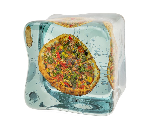 Pizza congelada na renderização 3D do cubo de gelo