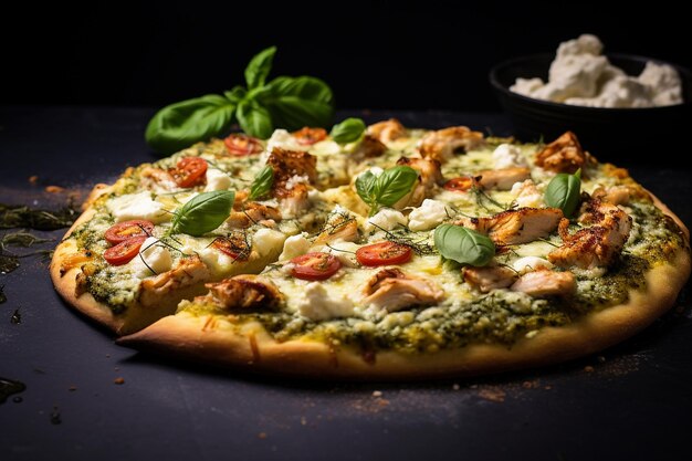 Pizza con corteza delgada de pollo y pesto