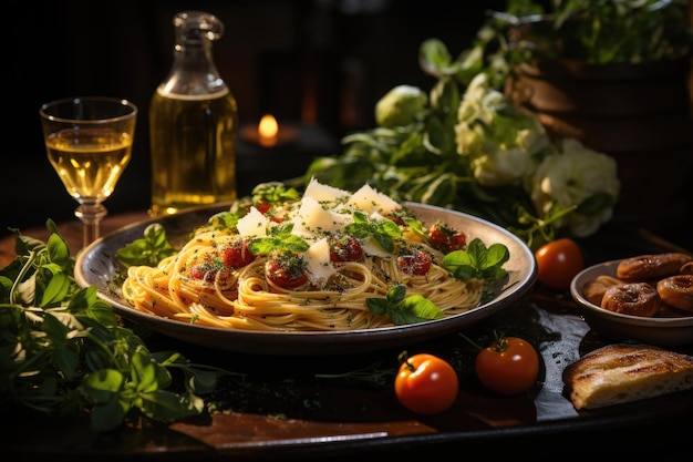 Pizza de banquete italiana e carbonara em uma mesa rústica generativa IA