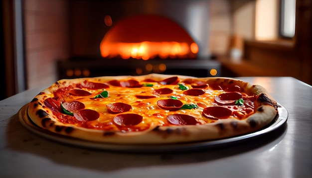 Pizza de calabresa saindo do forno com vista superior de fundo desfocado IA generativa