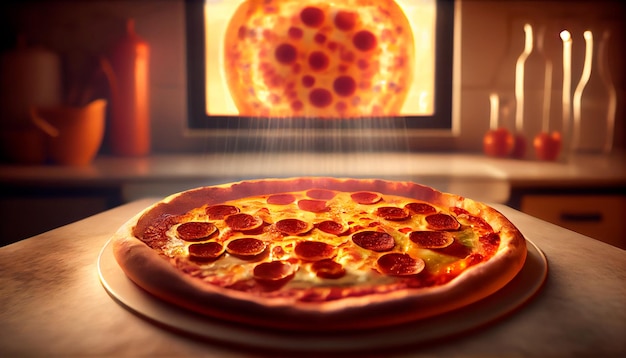 Pizza de calabresa saindo do forno com vista superior de fundo desfocado IA generativa