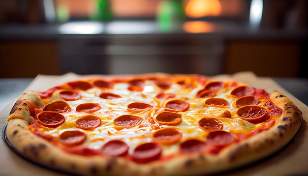 Pizza de calabresa saindo do forno com vista superior de fundo desfocado IA generativa