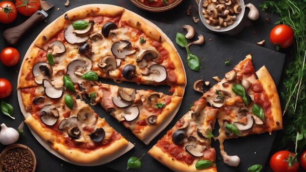 Pizza de carne de frango e cogumelos isolada em fundo branco foto de cima para o menu