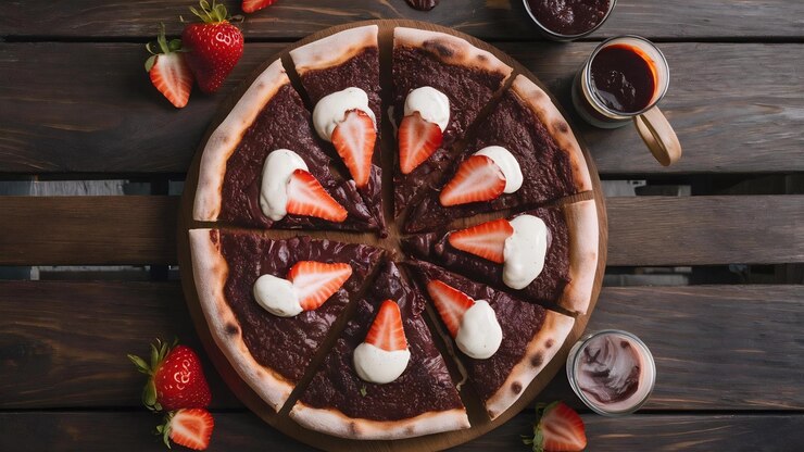 Foto pizza de chocolate com morango e molho de creme azedo servida em uma mesa de madeira