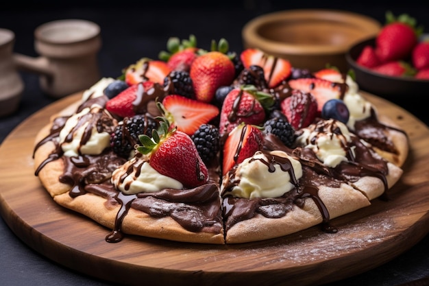 Pizza de chocolate em tábua de madeira