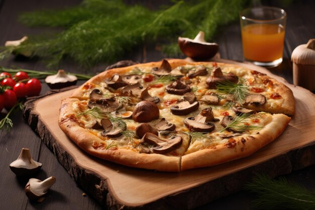 Pizza de cogumelos gourmet em tábua de madeira criada com IA generativa