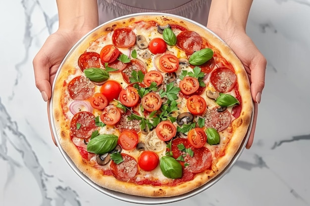 Pizza de cogumelos nas mãos de mulheres