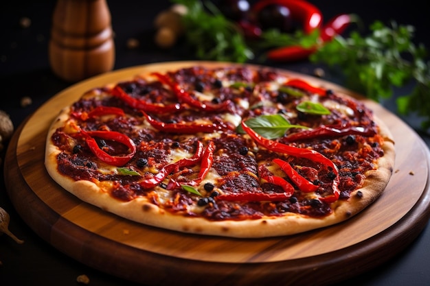 Pizza de ingredientes mistos com pimenta vermelha picada e azeitonas pretas