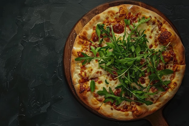 Pizza de pão plano adornada com rúcula fresca em tabuleiro de pizza de madeira vista superior fundo de pedra escura