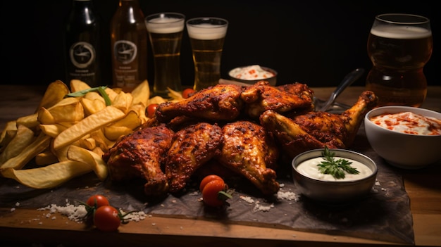 Pizza de pepperoni caseira, asas de frango, batatas fritas e cerveja