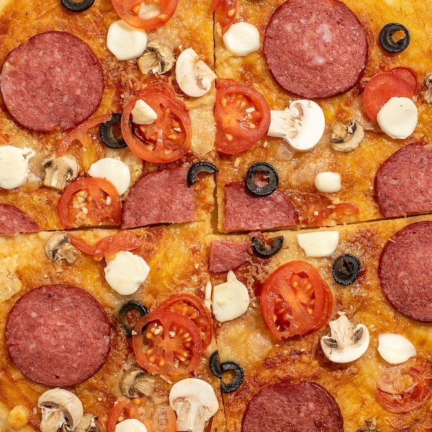 Pizza de pepperoni caseira como plano de fundo Vista superior