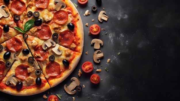 Pizza de pepperoni com cogumelos e azeitonas com espaço vazio