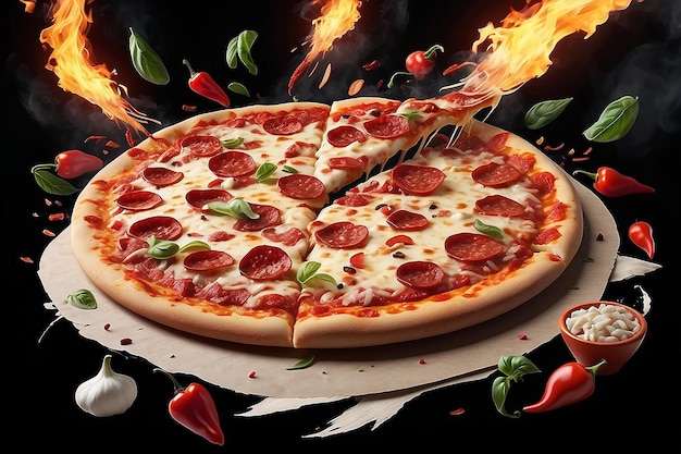Pizza de pepperoni com queijo fibroso e deliciosas coberturas voando com fogo e pimentão