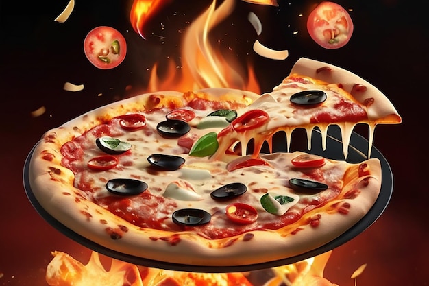 Pizza de pepperoni com queijo fibroso e deliciosas coberturas voando com fogo e pimentão