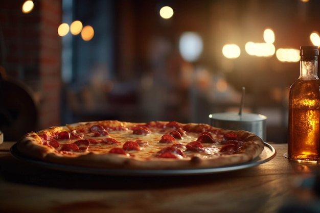 Pizza de pepperoni em uma mesa de madeira em um restaurante Foco seletivo